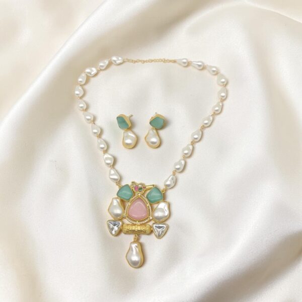 Pink- Mint Pastel Stone & Pearl Pendant Necklace Set