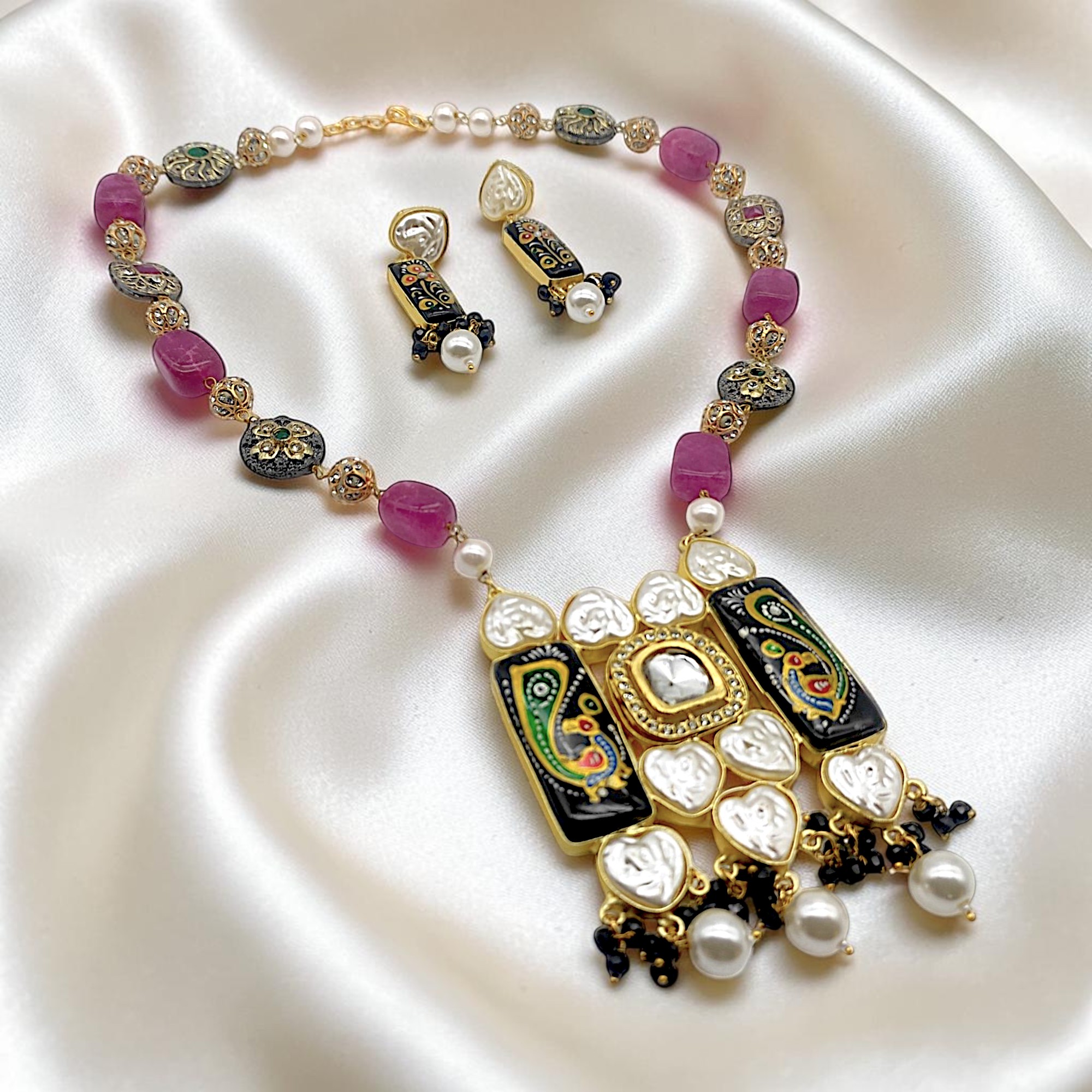 Black Hand-Painted Monalisa Stone Tanjore Necklace Set - Image 2