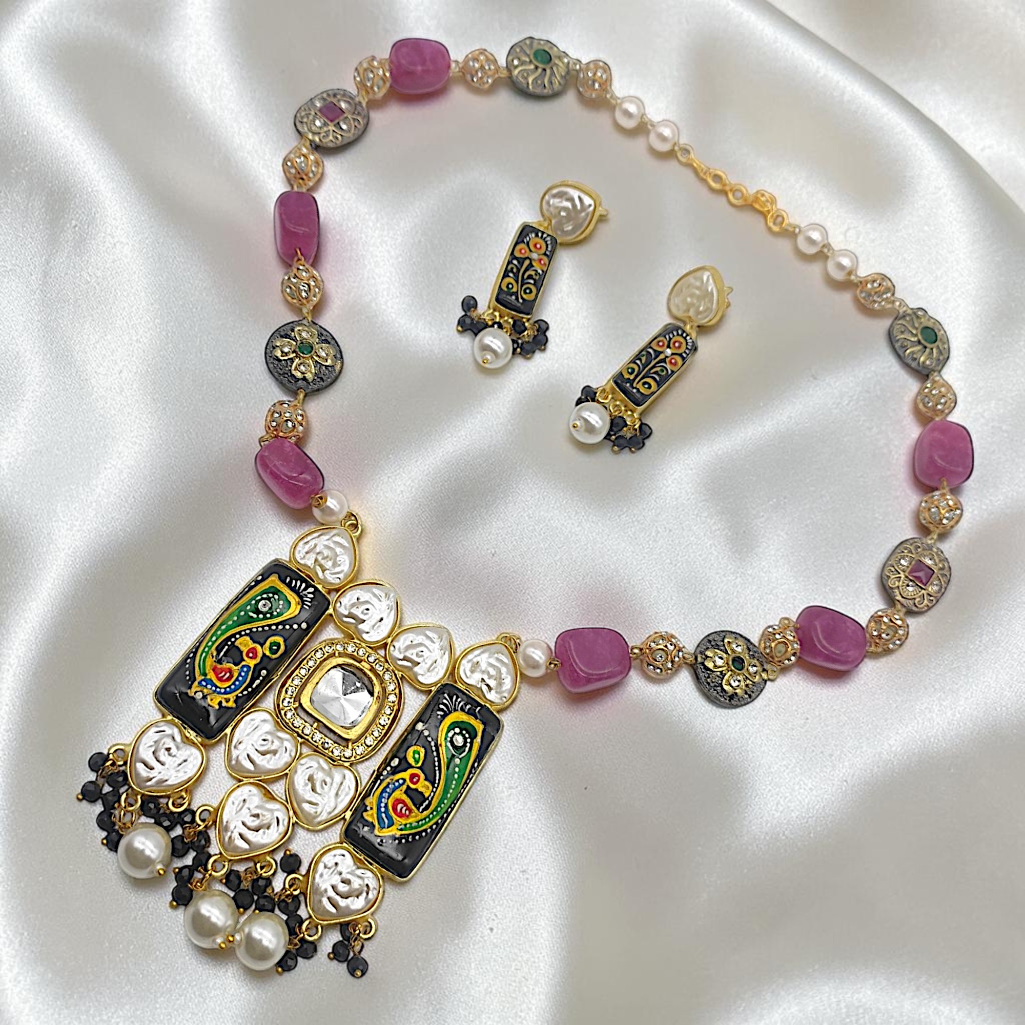 Black Hand-Painted Monalisa Stone Tanjore Necklace Set - Image 3