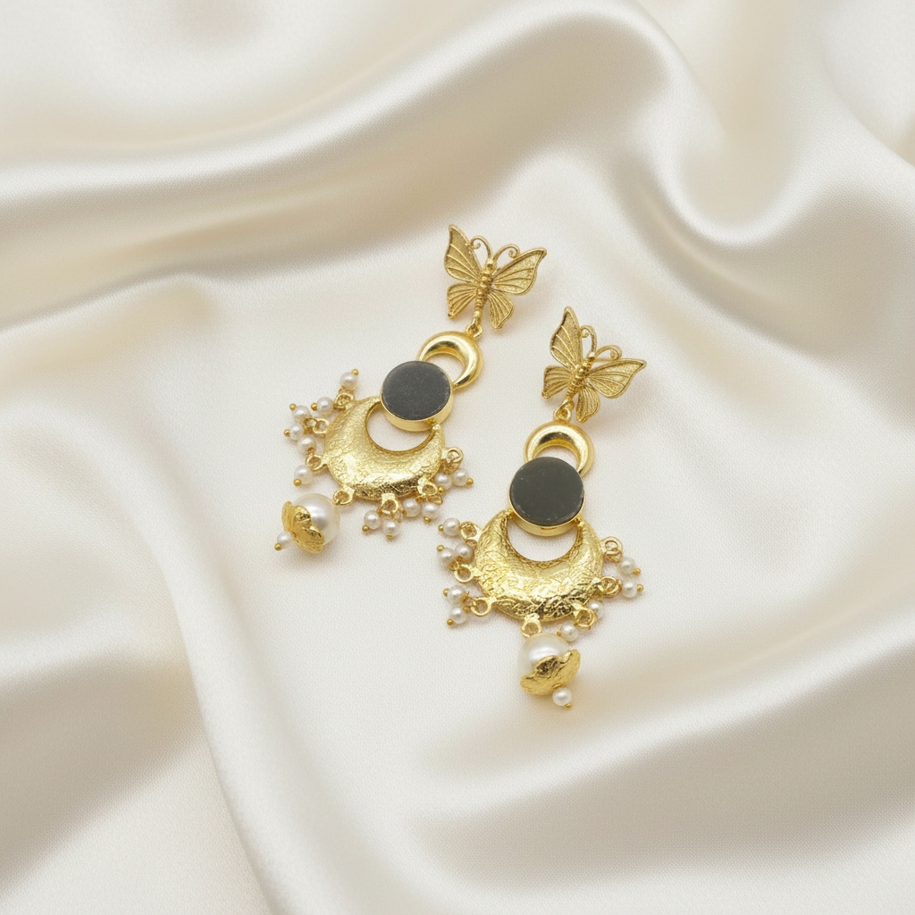 Butterfly Black Natural Stone Pearl Drop Earrings - Image 2