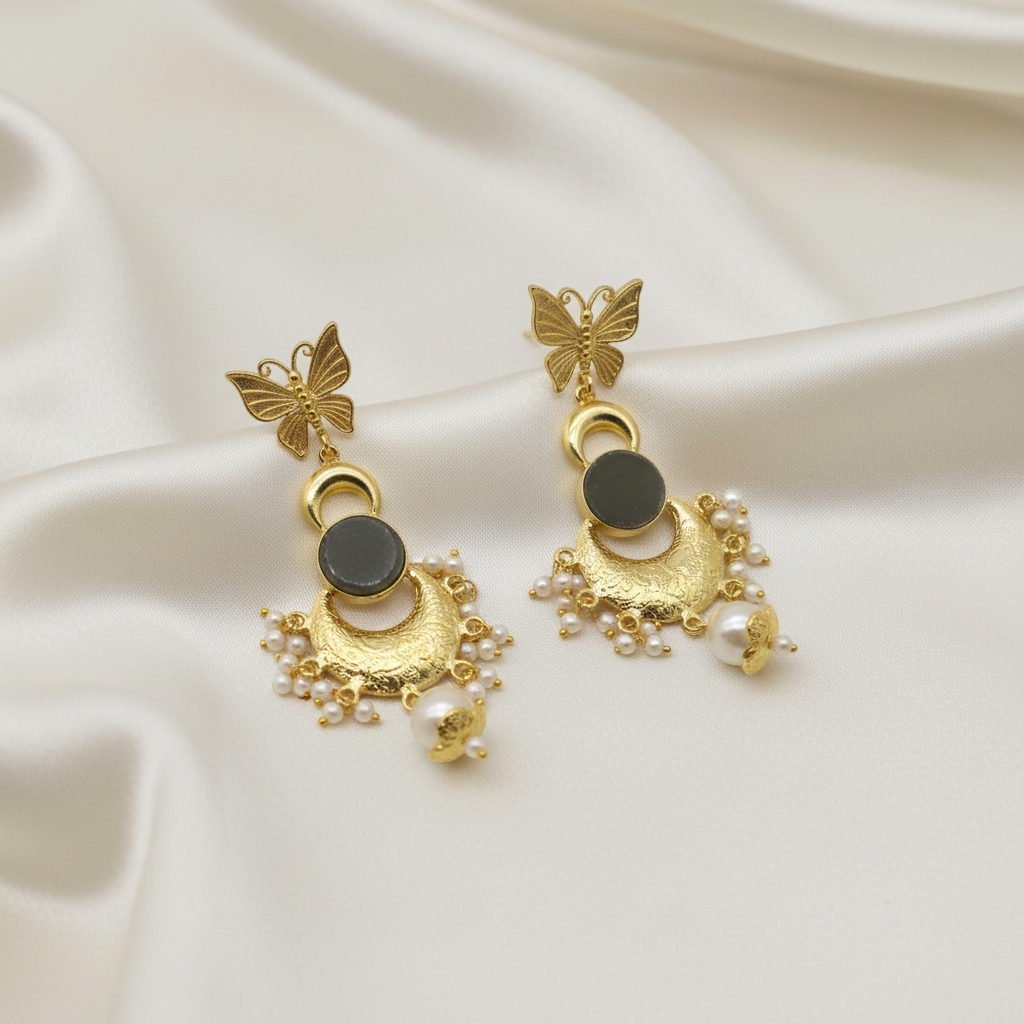 Butterfly Black Natural Stone Pearl Drop Earrings - Image 3