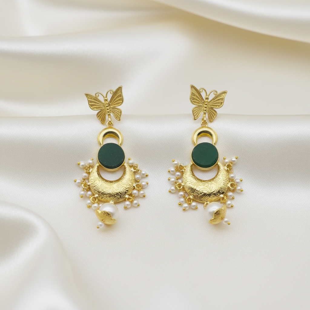 Butterfly Green Natural Stone Pearl Drop Earrings - Image 2