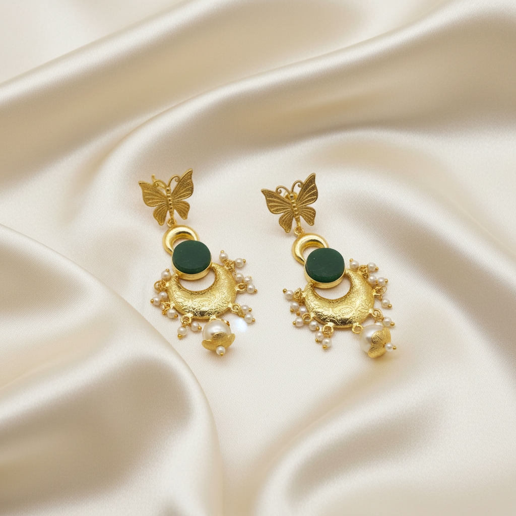 Butterfly Green Natural Stone Pearl Drop Earrings - Image 3