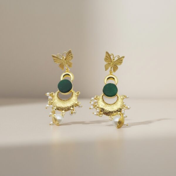 Butterfly green natural stone pearl drop earrings with glossy gold plated brass finish and pearl accents.
