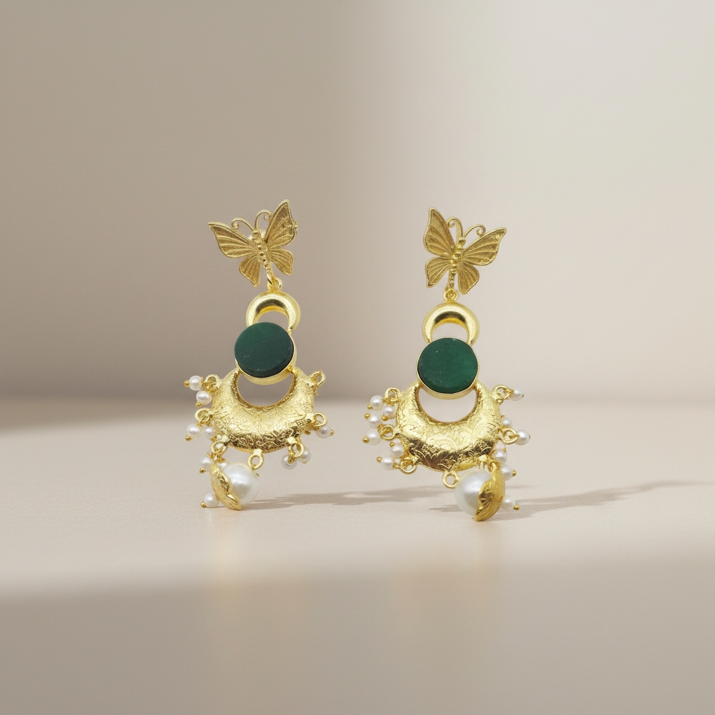 Butterfly green natural stone pearl drop earrings with glossy gold plated brass finish and pearl accents.