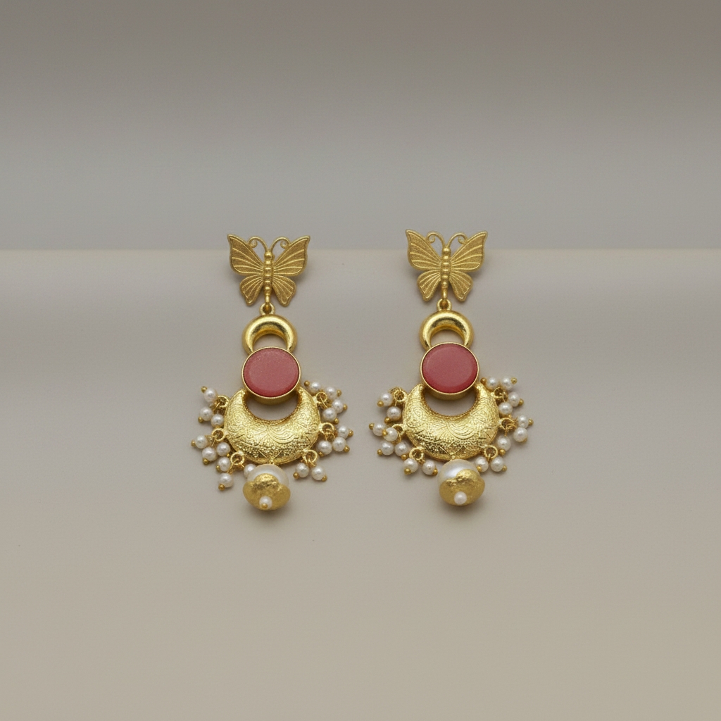 Butterfly Peach Natural Stone Pearl Drop Earrings - Image 2