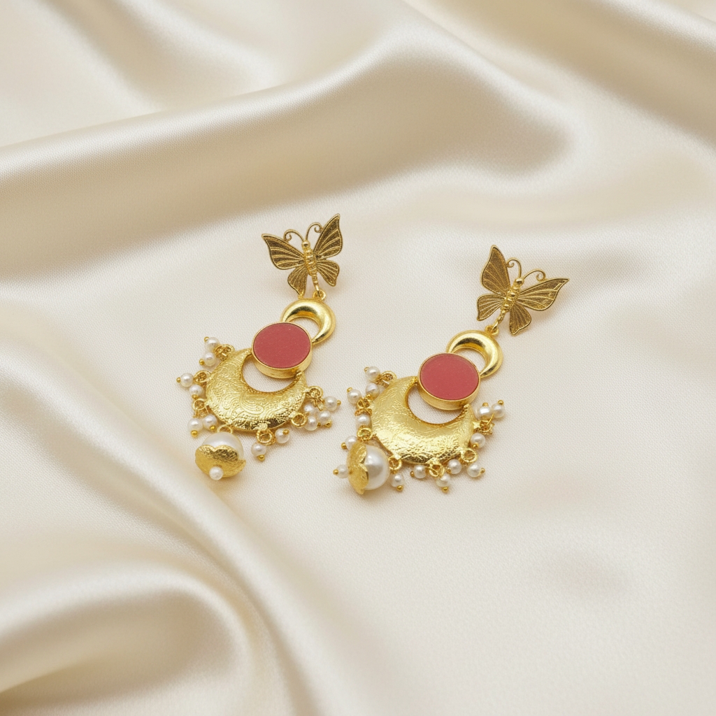 Butterfly Peach Natural Stone Pearl Drop Earrings - Image 3