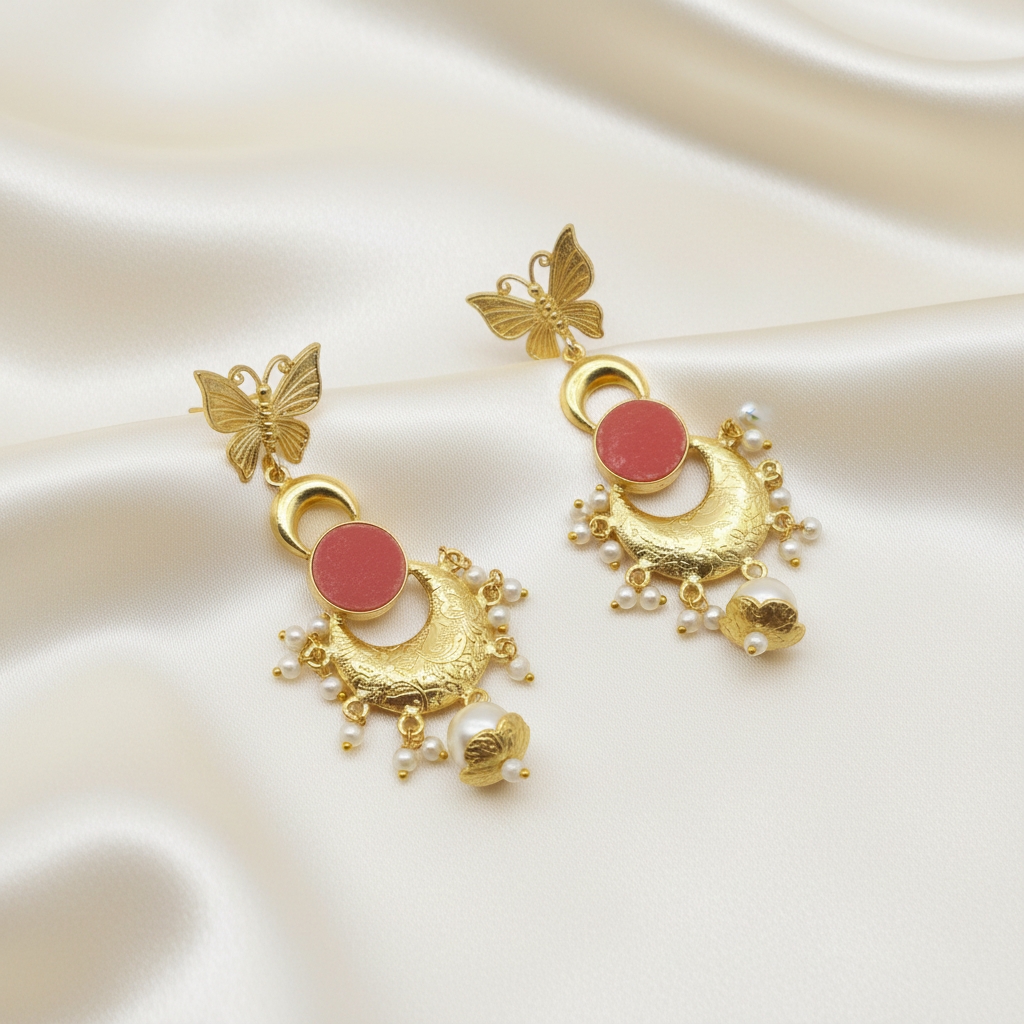 Butterfly Peach Natural Stone Pearl Drop Earrings - Image 4