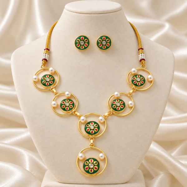 Green Hand-Painted Monalisa Stone Necklace Set