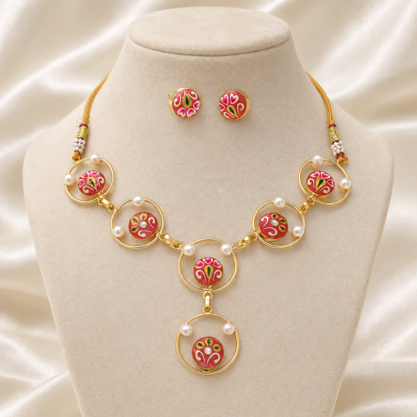 Pink Hand-Painted Monalisa Stone Necklace Set