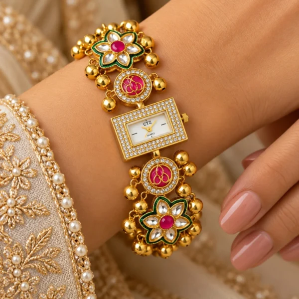 Floral Kundan Ghungroo Bracelet Watch Worn By a Woman