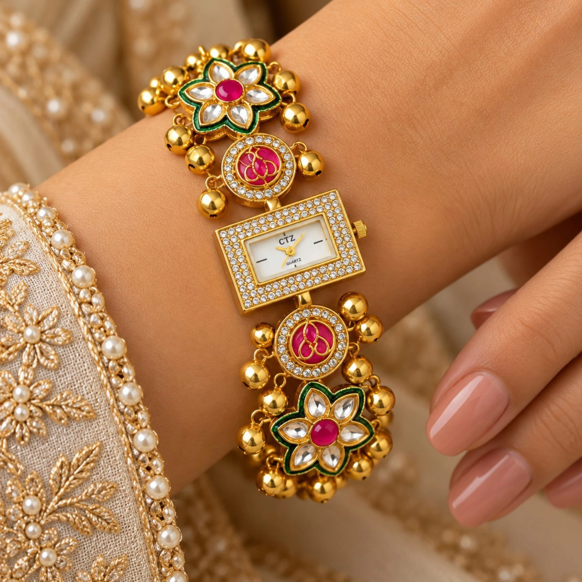 Floral Kundan Ghungroo Bracelet Watch Worn By a Woman