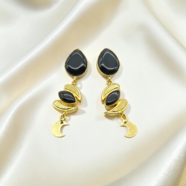 Black Stone Gold Tone Moon Earrings