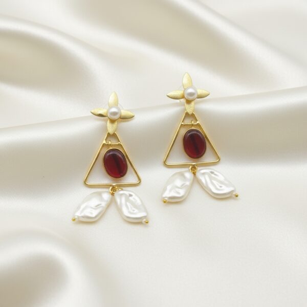 Flower and Pearl Brass Earrings - Ruby Red
