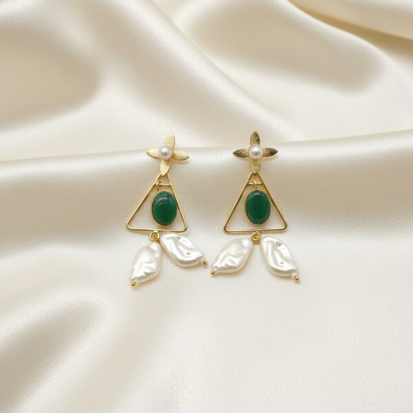 Flower and Pearl Brass Earrings-Green