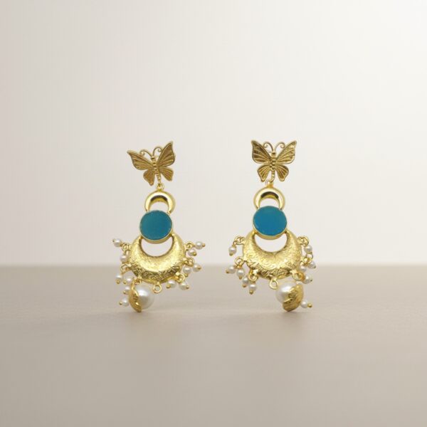 Butterfly Blue Stone Pearl Brass Earrings