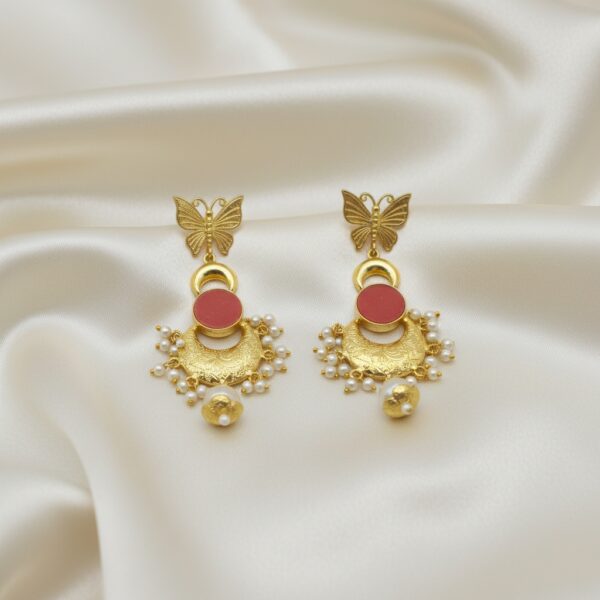 Butterfly Pink Stone Pearl Brass Earrings