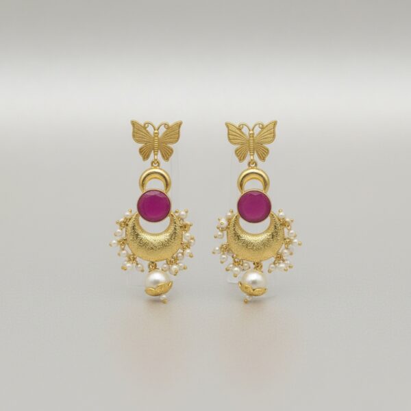 Butterfly Magenta Stone Brass Earrings