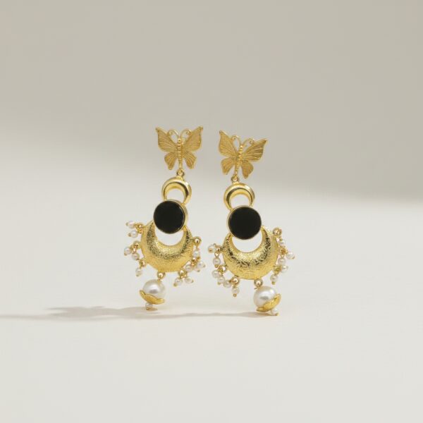 Butterfly Black Stone Pearl Brass Earrings