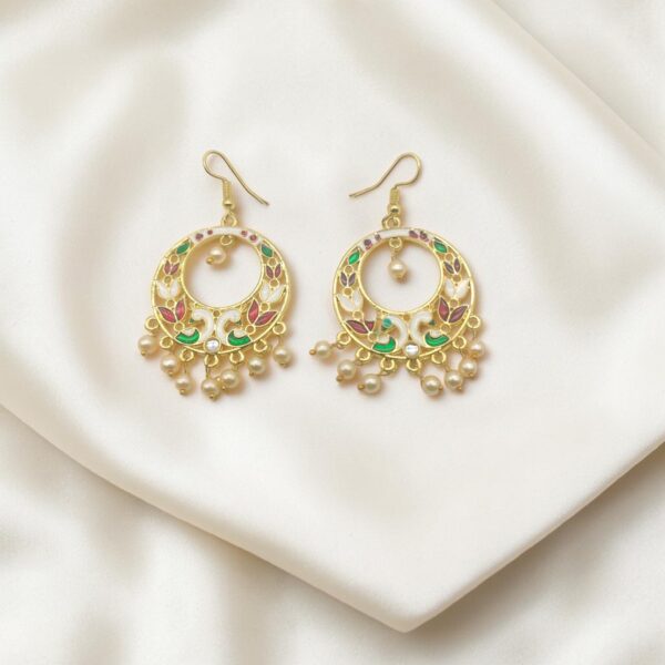Green, Red & White Meenakari Pearl Earrings