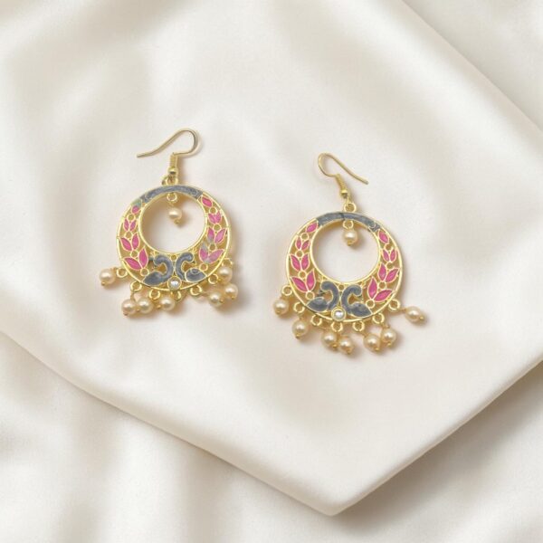Grey, Red & White Meenakari Pearl Earrings