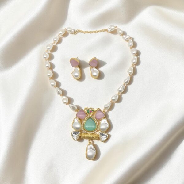 Mint-Pink Pastel Stone & Pearl Pendant Necklace Set