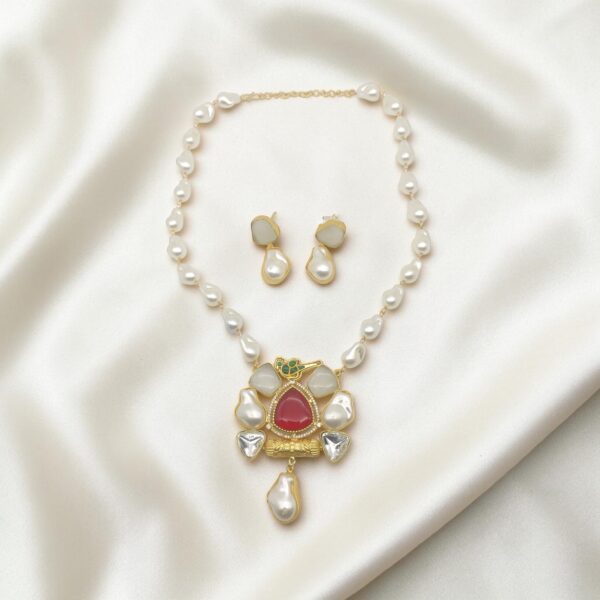 Ruby Red- Milky White Pastel Stone & Pearl Pendant Necklace Set