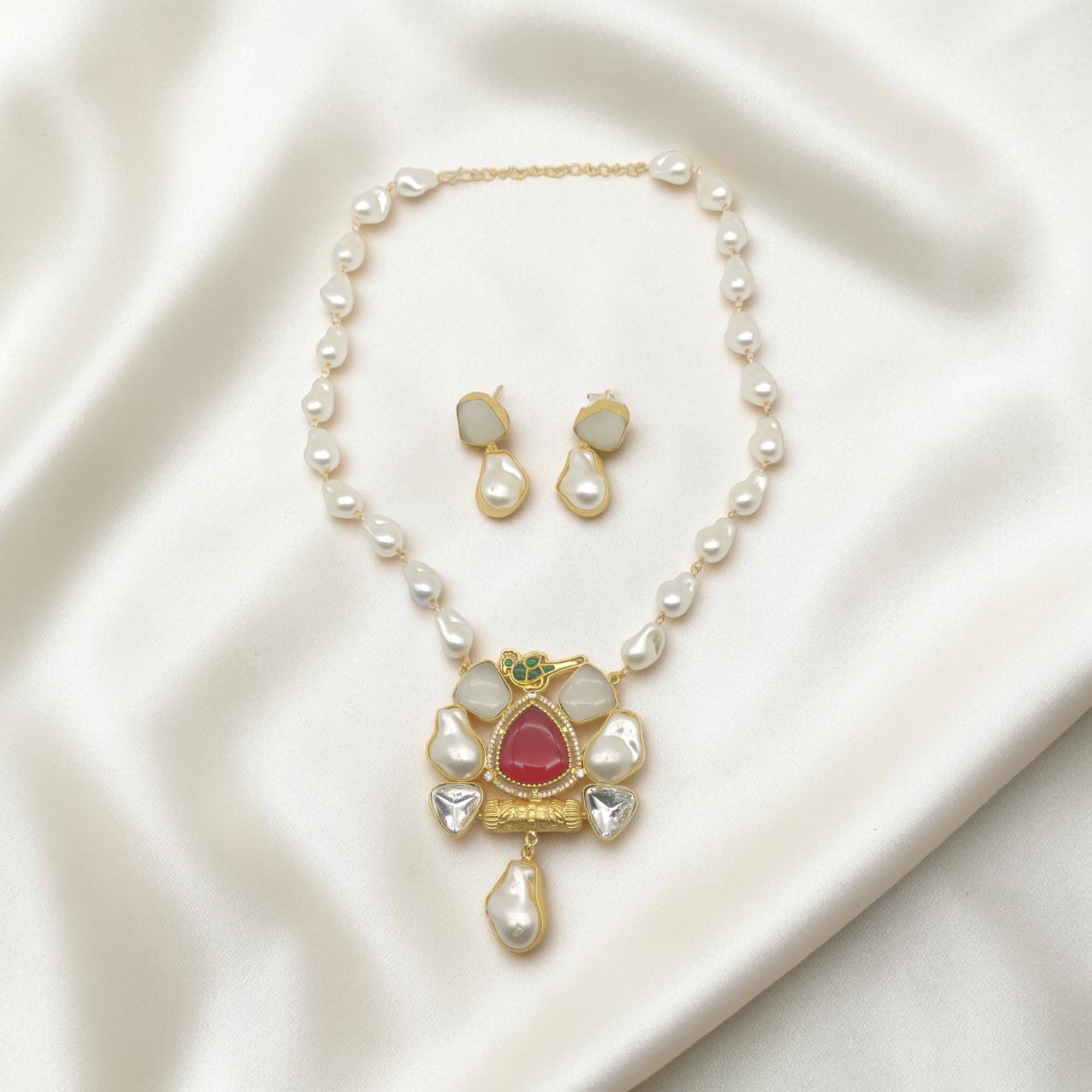 Ruby Red- Milky White Pastel Stone & Pearl Pendant Necklace Set