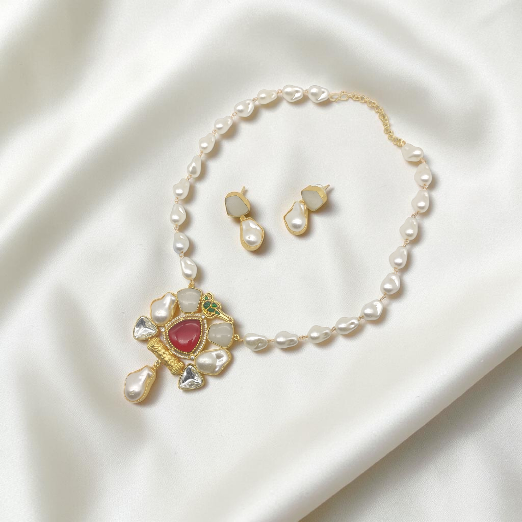 Ruby Red- Milky White Pastel Stone & Pearl Pendant Necklace Set - Image 3