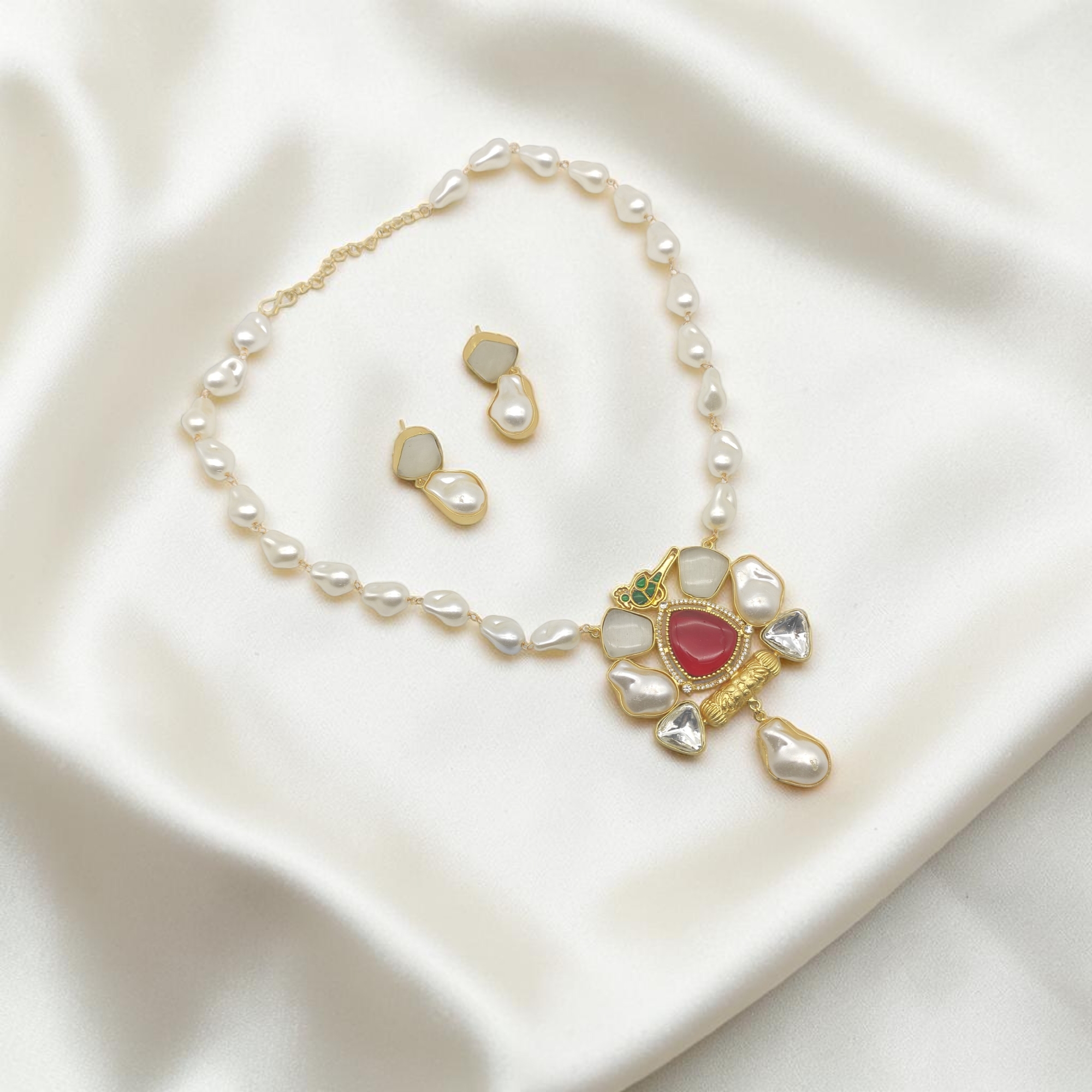Ruby Red- Milky White Pastel Stone & Pearl Pendant Necklace Set - Image 4