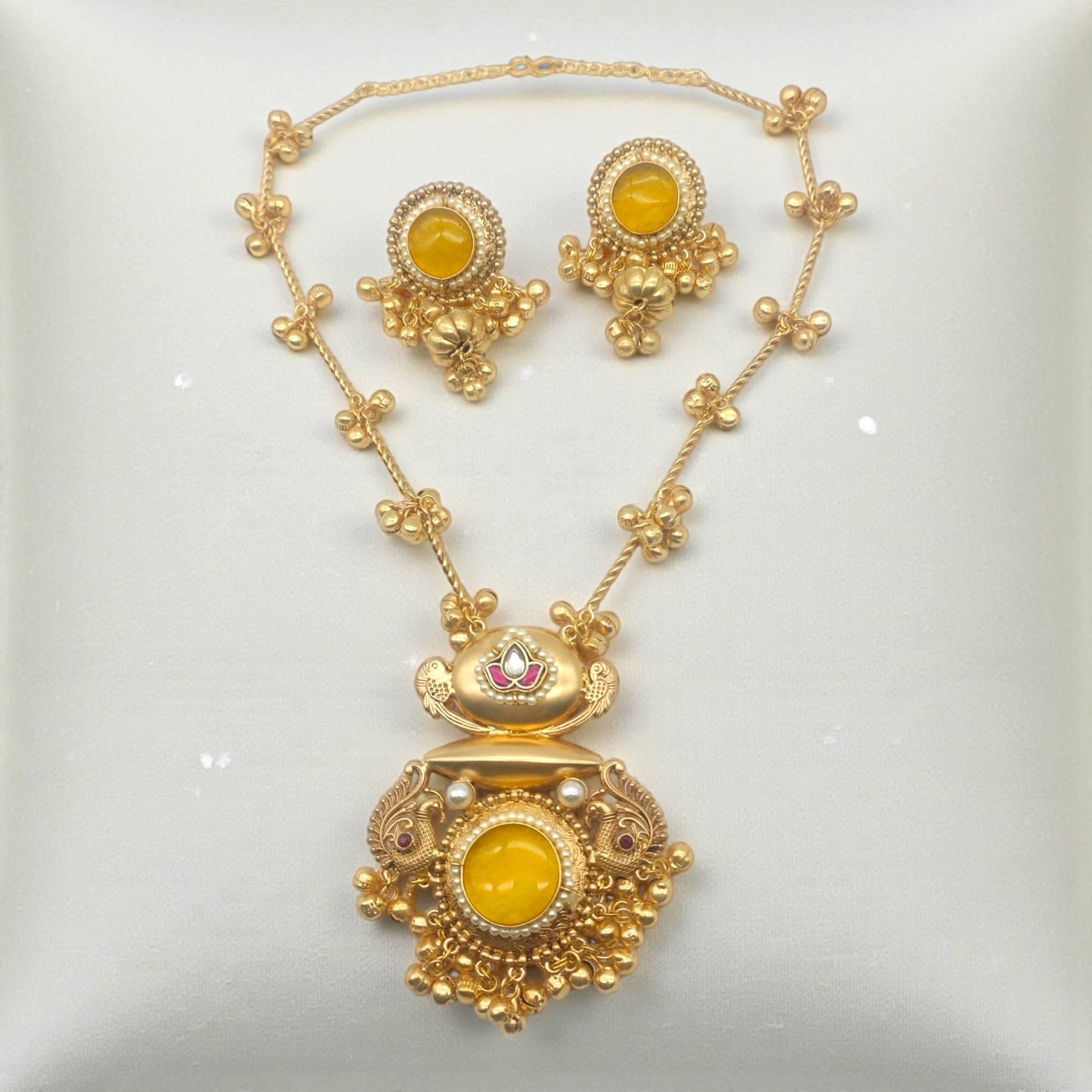 Yellow Monalisa Stone Peacock Pendant Set - Image 2