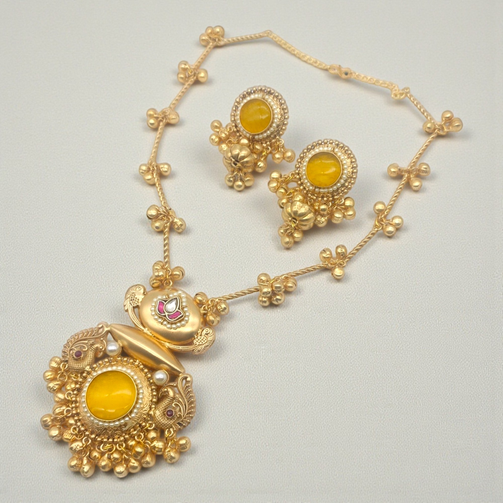 Yellow Monalisa Stone Peacock Pendant Set - Image 3