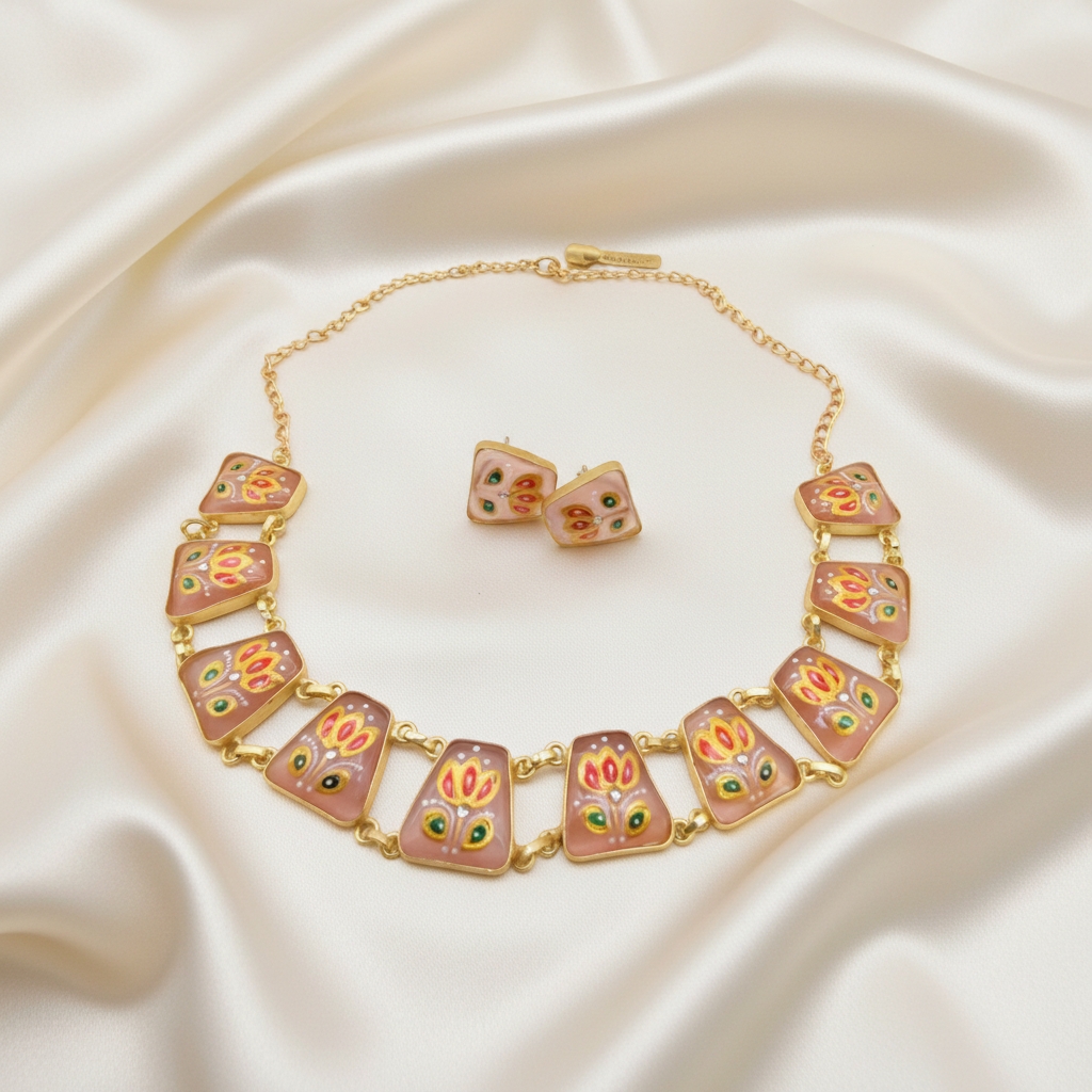 Magenta Tanjore Inspired Hand Painted Necklace Set - Image 2
