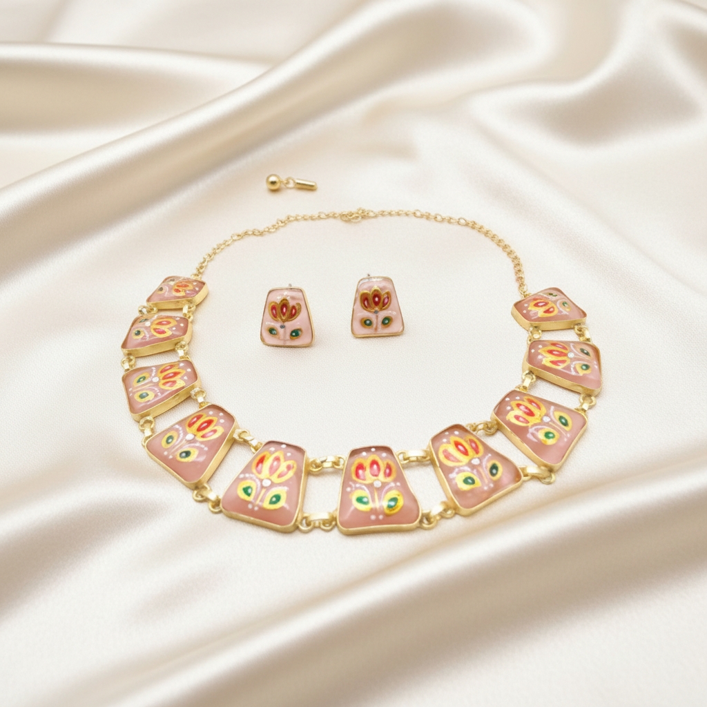 Magenta Tanjore Inspired Hand Painted Necklace Set - Image 3