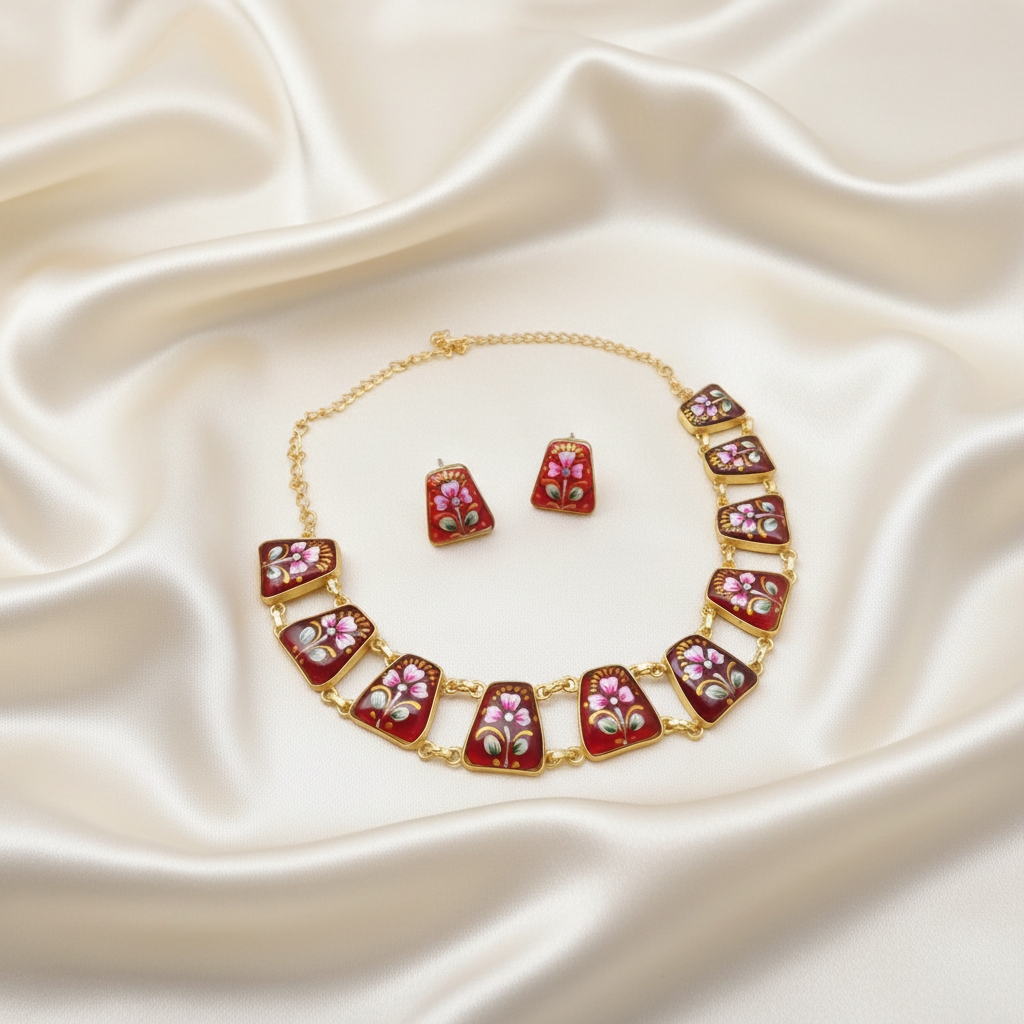 Maroon Tanjore Inspired Hand Painted Necklace Set - Image 2
