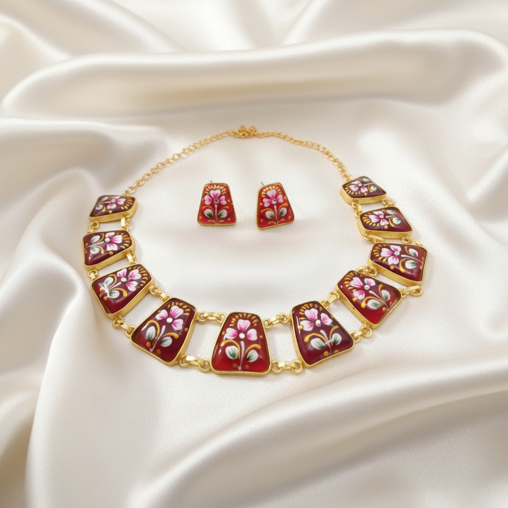 Maroon Tanjore Inspired Hand Painted Necklace Set - Image 3