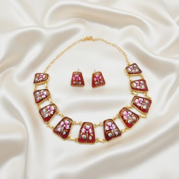Maroon Tanjore Inspired Hand Painted Necklace Set with hand-painted floral motifs, Monalisa stones and matching stud earrings