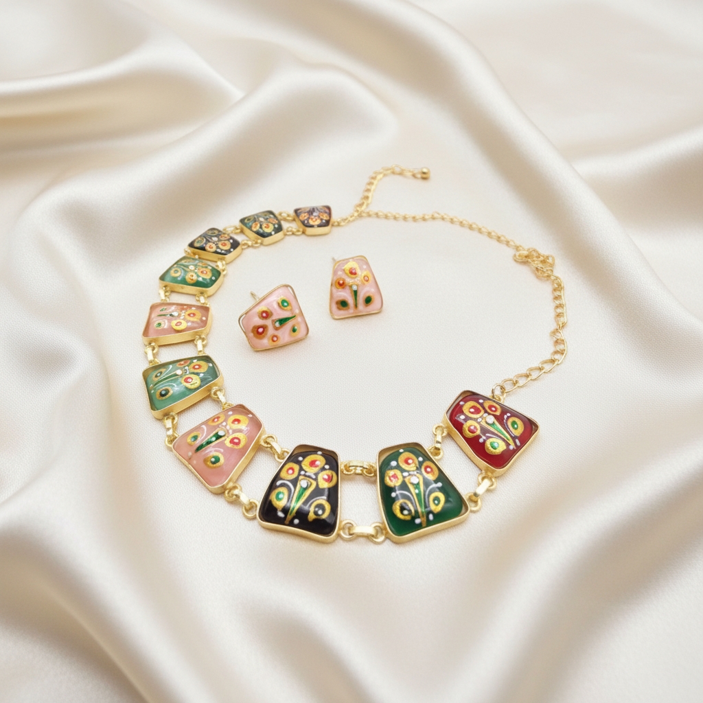 Multicolour Tanjore Inspired Hand Painted Necklace Set - Image 2