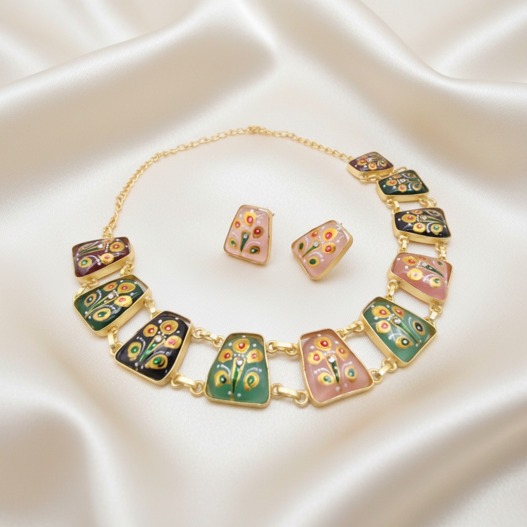 Multicolour Tanjore Inspired Hand Painted Necklace Set - Image 3