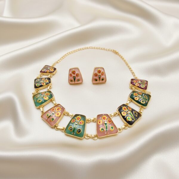 Multicolour Tanjore Inspired Hand Painted Necklace Set with hand-painted floral motifs, colourful Monalisa stones, pearl accents and matching stud earrings