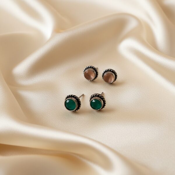 Peach and Emerald Oxidized Round Monalisa Stone Stud Earrings Combo
