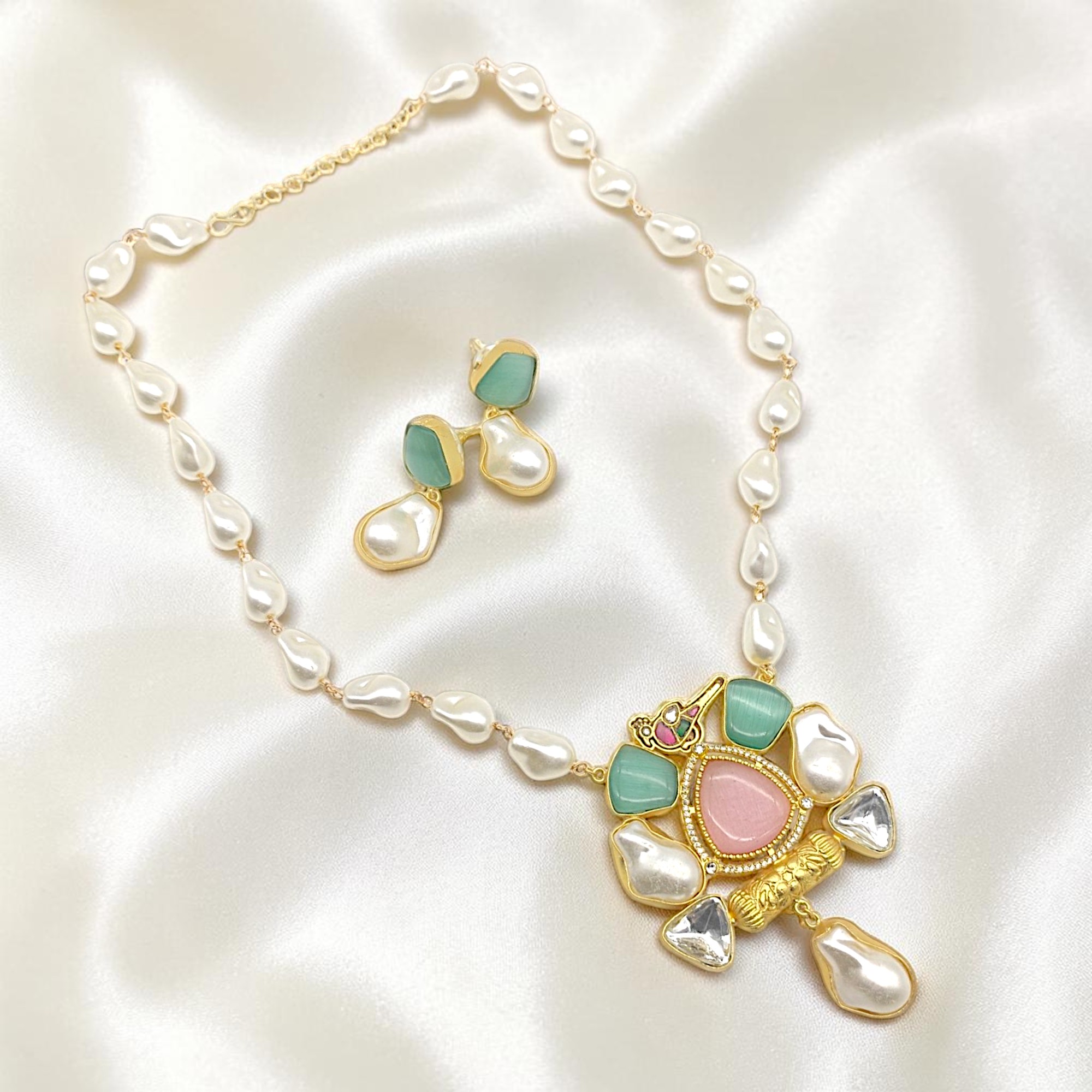 Pink-Mint Pastel Stone & Pearl Pendant Necklace Set - Image 3