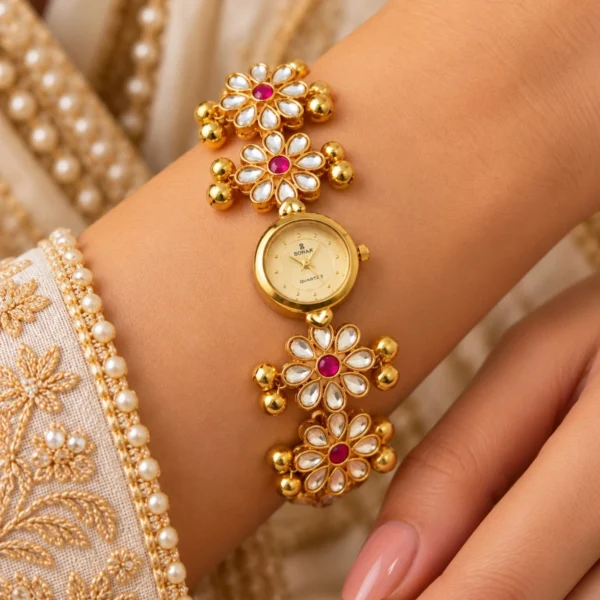 Round Dial Floral Kundan Bracelet Watch Worb By a Woman