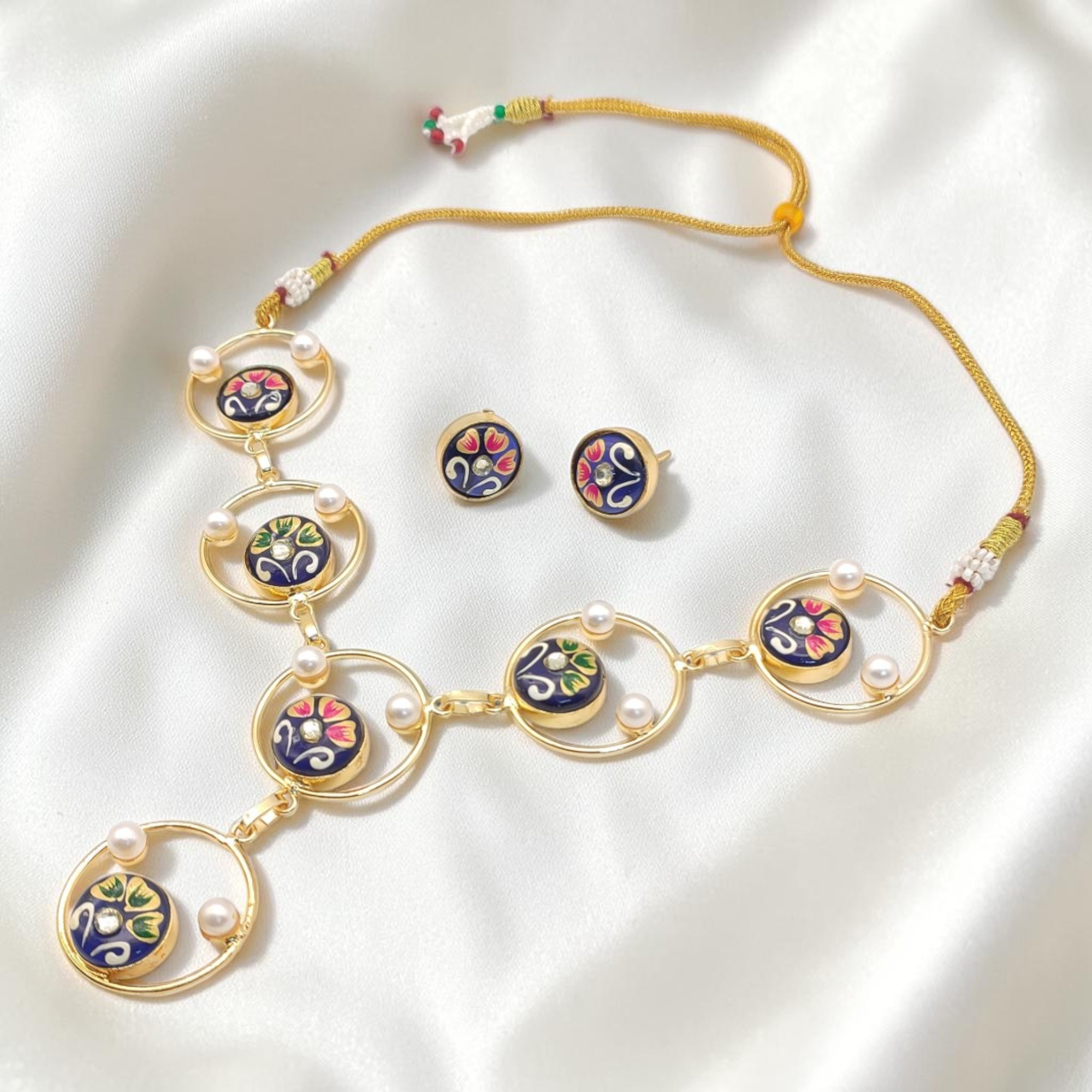 Royal Blue Hand-Painted Monalisa Stone Necklace Set - Image 2