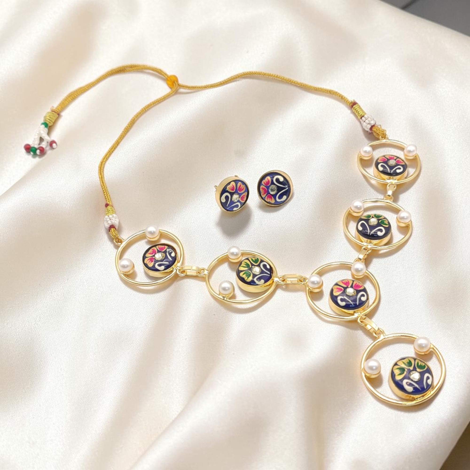 Royal Blue Hand-Painted Monalisa Stone Necklace Set - Image 3
