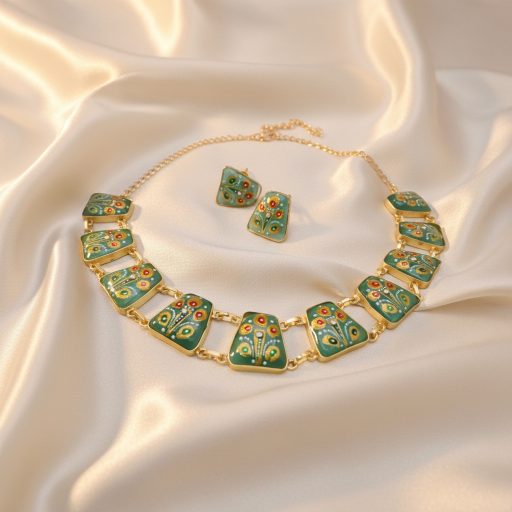 Sea Green Tanjore Inspired Hand Painted Necklace Set - Image 2