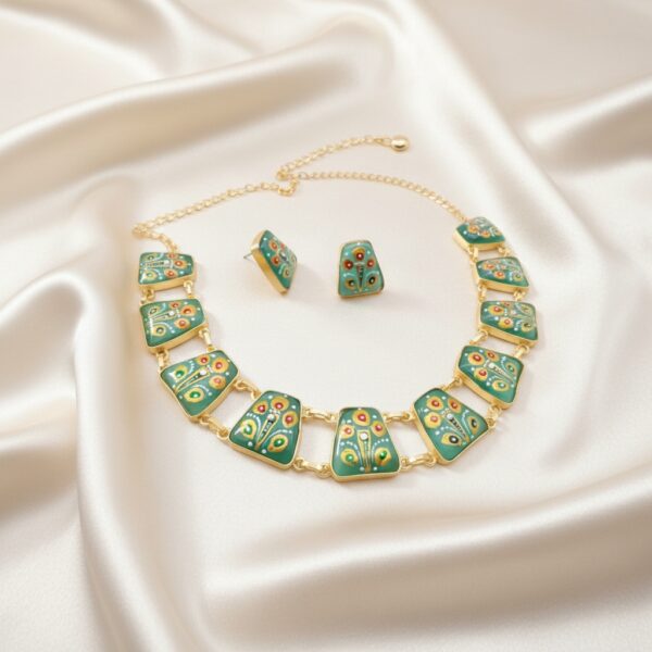 Sea Green Tanjore Inspired Hand Painted Necklace Set with hand-painted floral motifs, colourful Monalisa stones and matching stud earrings
