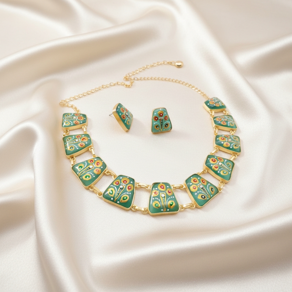Sea Green Tanjore Inspired Hand Painted Necklace Set - Image 3