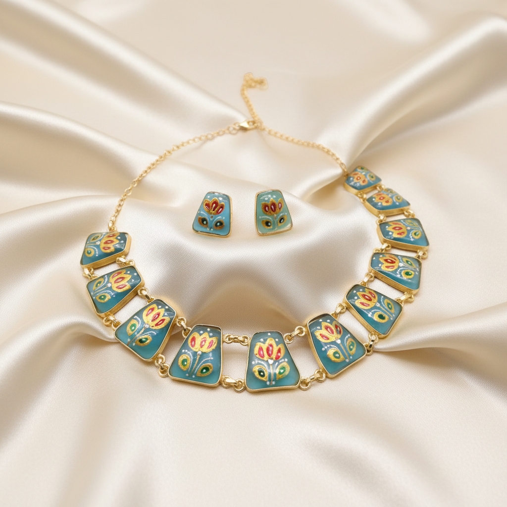 Sky Blue Tanjore Inspired Hand Painted Necklace Set - Image 2