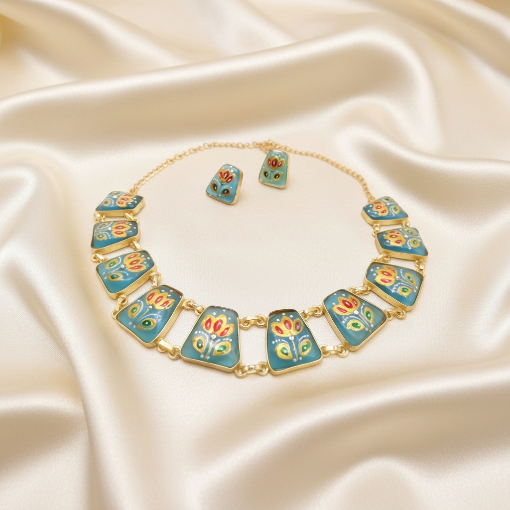 Sky Blue Tanjore Inspired Hand Painted Necklace Set - Image 3